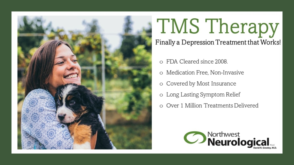 Woman smiling and holding a puppy. Text to the right reads, "TMS Therapy -- Finally a Depression Treatment that Works! FDA Cleared since 2008; Medication Free, Non-Invasive; Covered by Most Insurance; Long Lasting Symptom Relief; Over 1 Million Treatments Delivered."