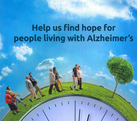 Ad for clinical trial for Alzheimer's disease. Fantastical view of elderly couples walking along a grass path lining a clock. Behind them, is a blue sky with the text, "Help us find hope for people living with Alzheimer's."